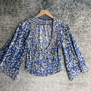 Free People Top Womens Small Blue Yellow Boho Floral Peasant Sleeve 100% Cotton